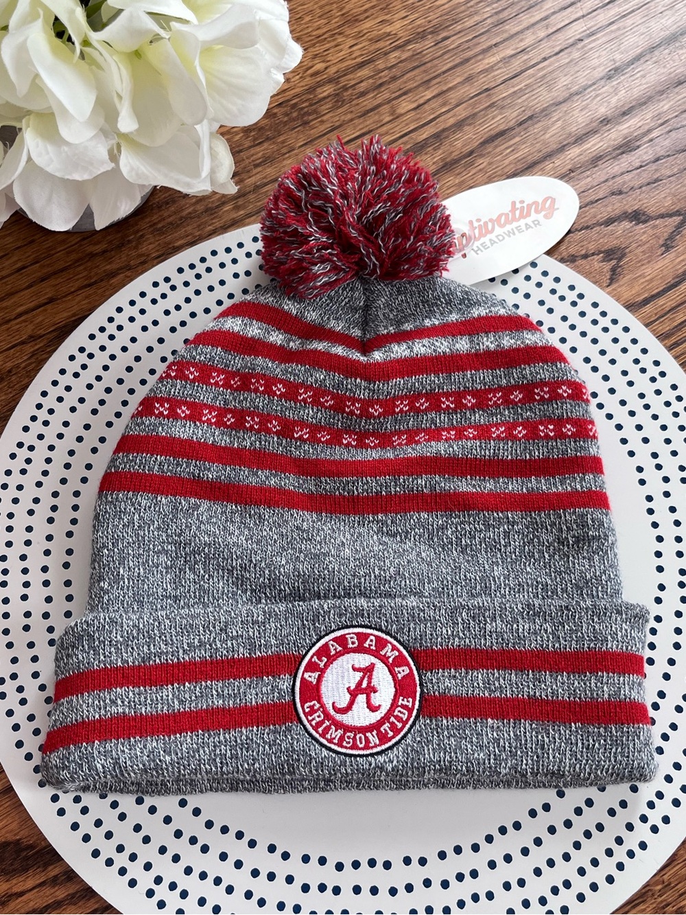 Alabama Crimson Tide Gray & Red Pom Beanie